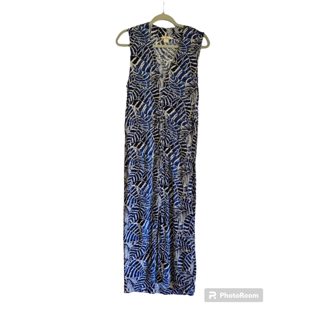 H&M Size 2 Midi Dress Blue Leaf Print Floral V-NECK‎ Long Casual Women’s